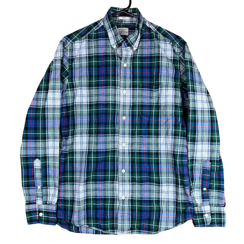 J Crew Mens Shirt Blue Green Gray Red Plaid Slim Fit Collared Button Down Medium